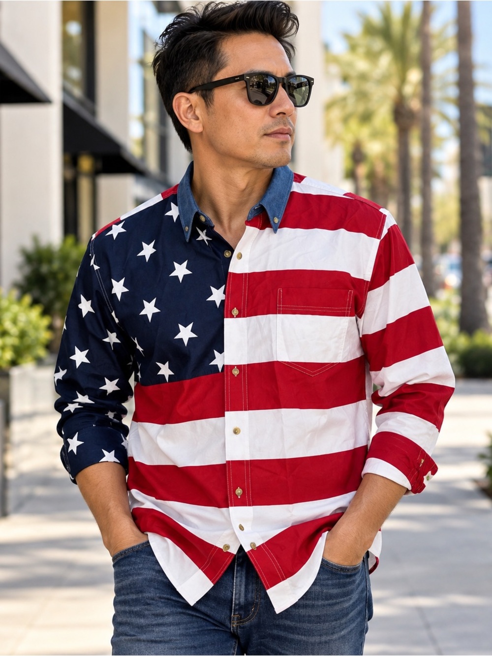Roper Mens XL American Flag Stars Stripes 100% Cotton Western Shirt